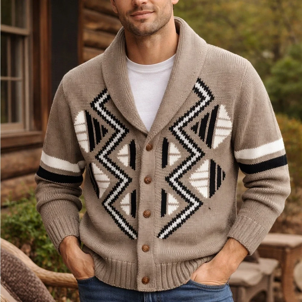 Vintage Puritan Men's Wool Blend Shawl Collar Cardigan Sweater M Aztec Western